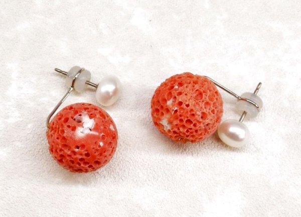 画像9: チタン&ステンレス　す玉サンゴ　淡水パール2wayピアス