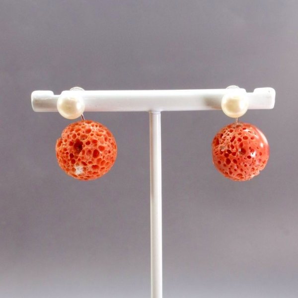 画像8: チタン&ステンレス　す玉サンゴ　淡水パール2wayピアス