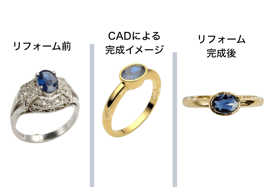 リフォーム前のリング、CADによる完成イメージ、リフォーム後の比較
