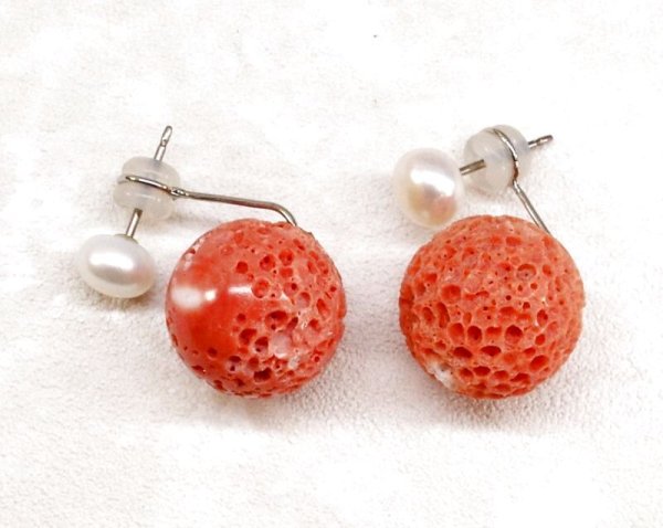 画像10: チタン&ステンレス　す玉サンゴ　淡水パール2wayピアス (10)