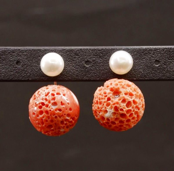 画像3: チタン&ステンレス　す玉サンゴ　淡水パール2wayピアス (3)